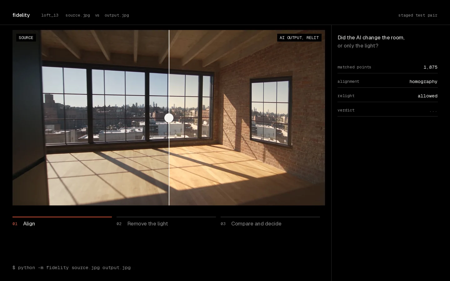 Fidelity checking a staged test pair: a loft photo and its relit copy with a window added to the brick wall, the structure Fidelity compares, and its verdict FAIL with the added window flagged