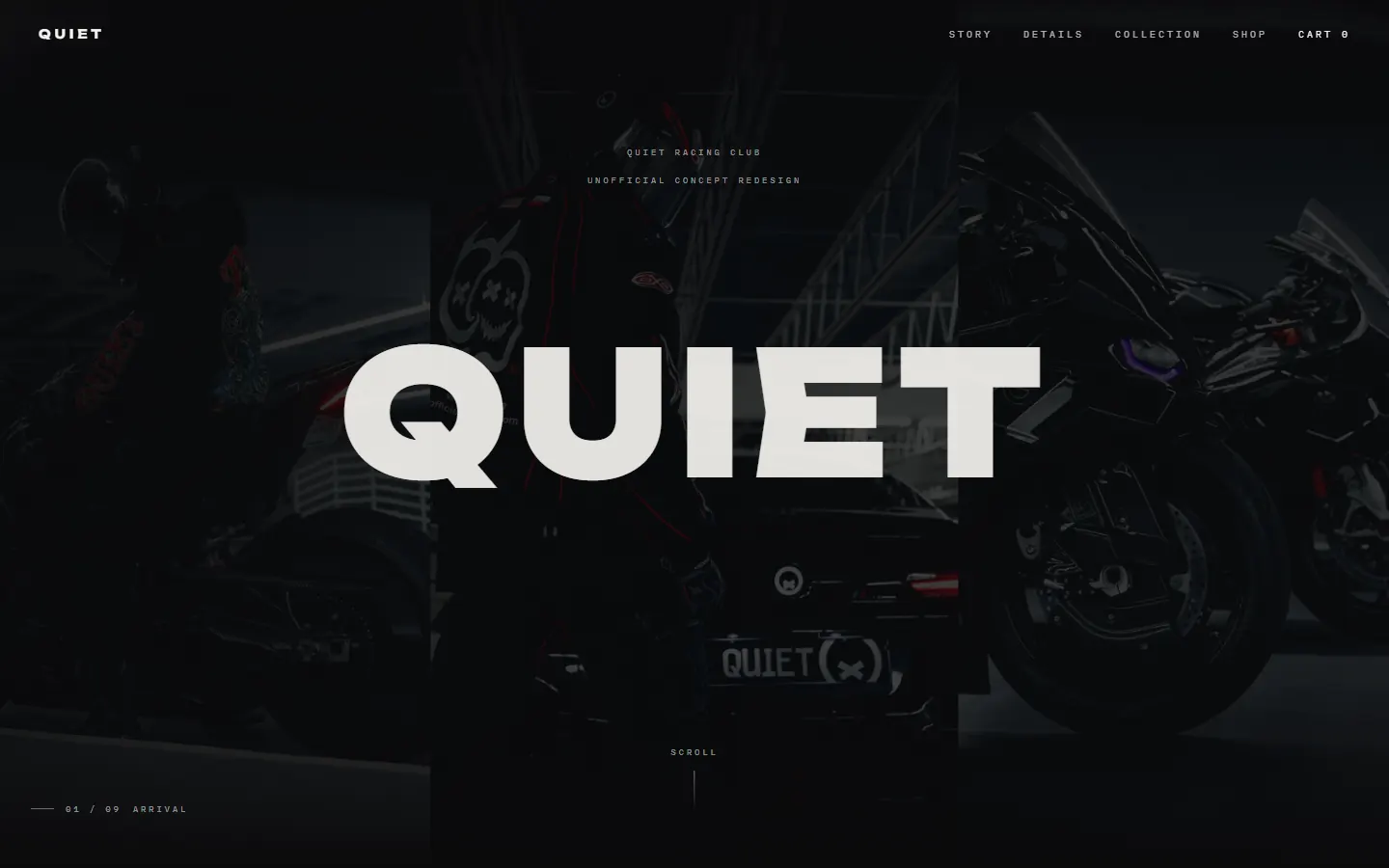 The Quiet Racing Club concept, scrolled from top to bottom